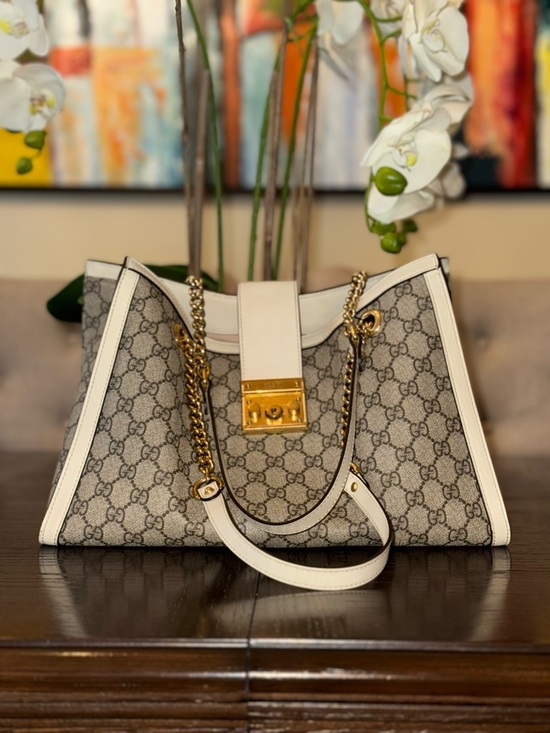 Gucci Handbags - Medium Gucci GG Supreme Canvas Shoulder Bag with White Trim & Gold Hardware